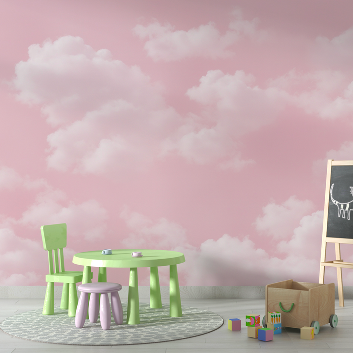 Cloud Mural Wallpaper | White on Pink Background