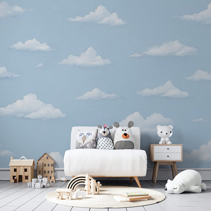 Cloud drawing Mural Wallpaper | White on blue background