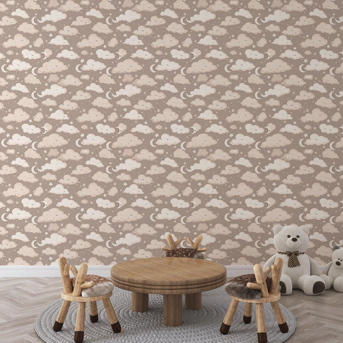 Tapet mural nori și lună | Model delicat de nori și semilună pe fundal bej