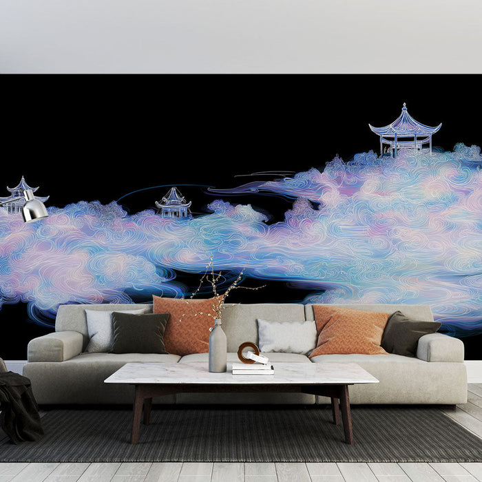 Fototapet Asya Bulutları | Siyah Arka Plan Üzerinde Geleneksel Manzara Unsurları