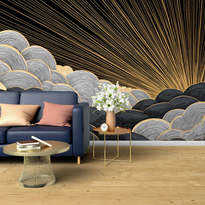 Tapeta z motywem złotych chmur | Stylizowane wzory chmur w kolorze czarnym, białym i złotym na ciemnym tle