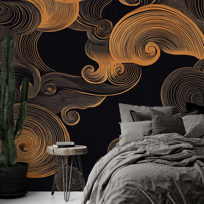 Fototapet gyldne skyer | Elegante spiral mønstre på sort baggrund