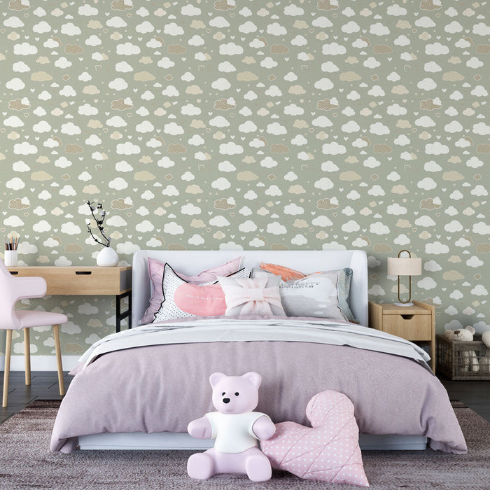 Tapete συννεφιών | Απαλά σχέδια συννεφιών και καρδιών σε πράσινο φόντο