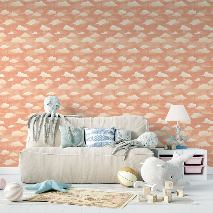 Mural Wallpaper clouds | Soft white clouds on salmon background