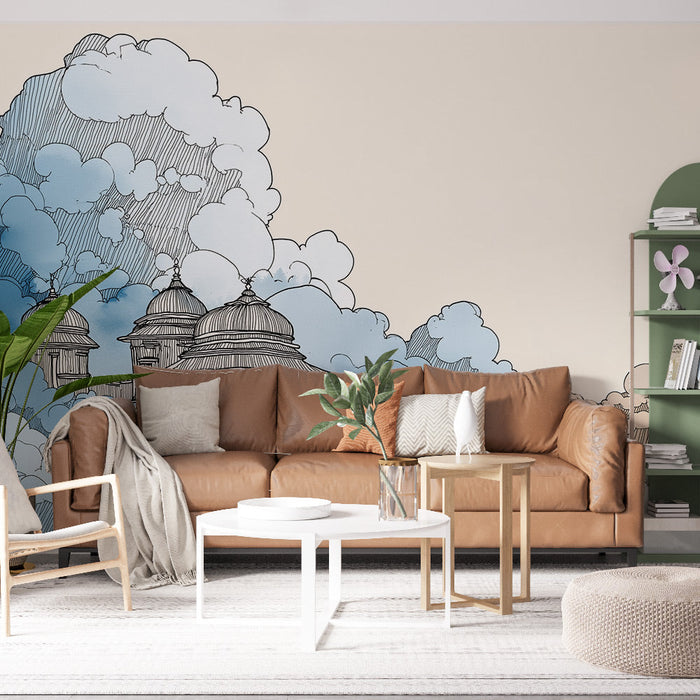 Tapetti pilvet ja arkkitehtuuri | Yksityiskohtaiset rakennukset nousevat pastellipilvistä