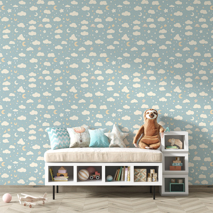 Fototapet oblaci i zvijezde | Nježni obrasci oblaka, mjeseca i zvijezda na plavoj pozadini