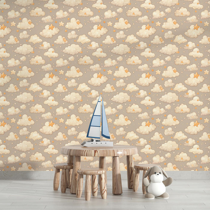 Тапет с облаци и звезди | Меки крем облаци с оранжеви звезди на таупе заден план