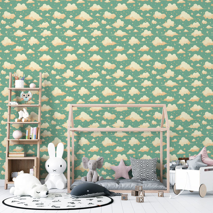 Fototapet skyer og stjerner | Mykt mønster av hvite skyer på en turkis bakgrunn