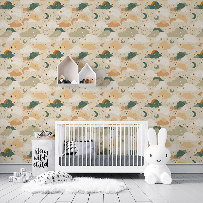 Fototapet bulutlar ve yıldızlar | Bulutlar, ay ve renkli yıldızların hayalperest desenleri