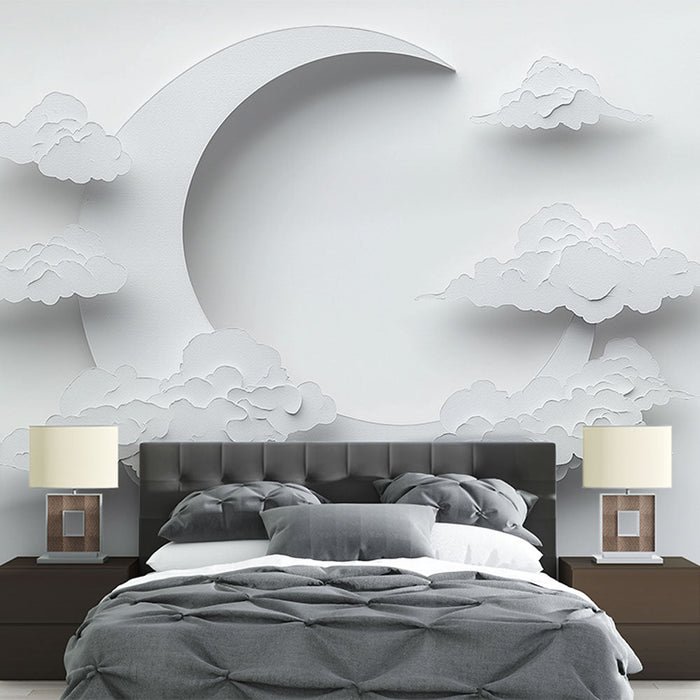 Papel de parede nuvens e lua | Design em relevo limpo em fundo branco