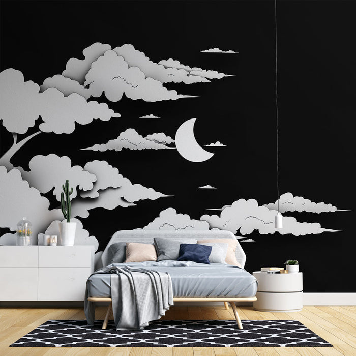 Tapete nuvens e lua | Design moderno em preto e branco com padrões estilizados