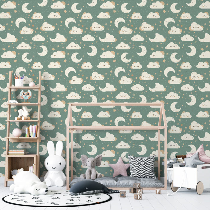 Fototapet oblaci i mjesec | Ljubak uzorak oblaka, mjeseca i zvijezda