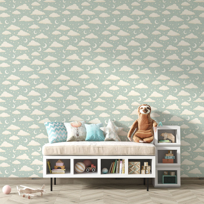 Tapete Wolken und Monde | Weiche Wolken- und Halbmond-Muster auf blauem Hintergrund