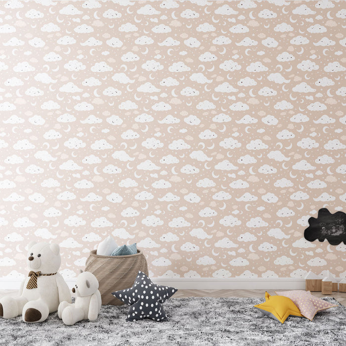 Mural Wallpaper clouds and moons | Soft cloud patterns with crescent moons on a beige background