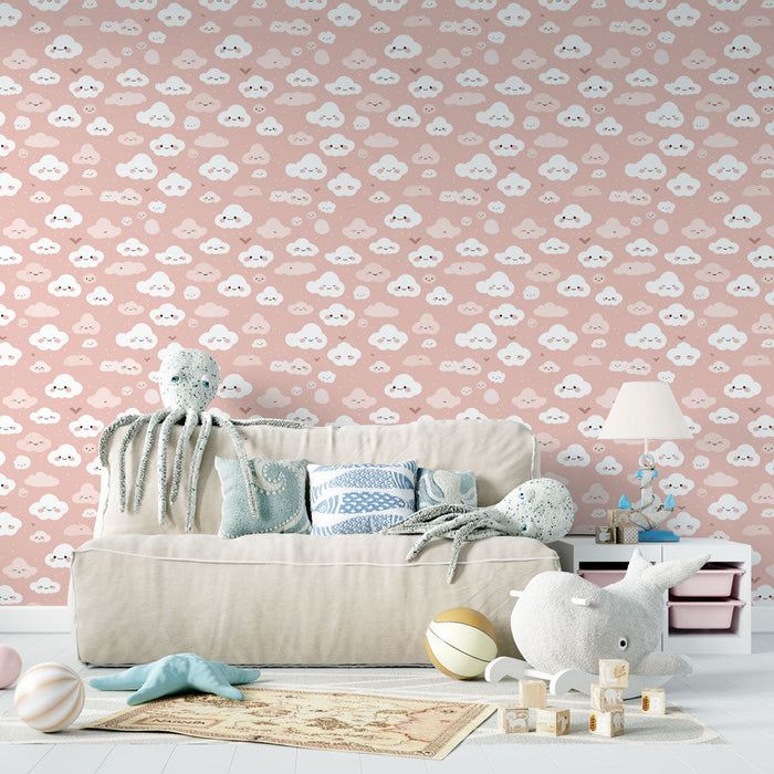 Fototapet søde skyer | Smilende skyer mønster på en lyserød baggrund