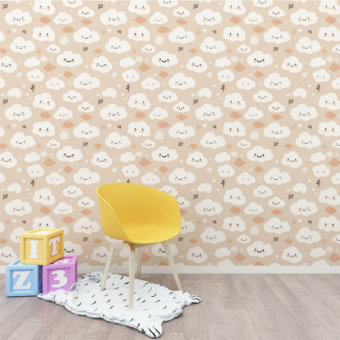 Fototapeet armsad pilved | Rõõmsameelne naeratavate pilvede muster beežil taustal