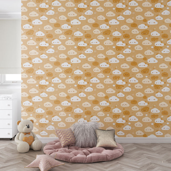 Foto Behang schattige wolken | Speels patroon van lachende wolken en kleurrijke vlekken