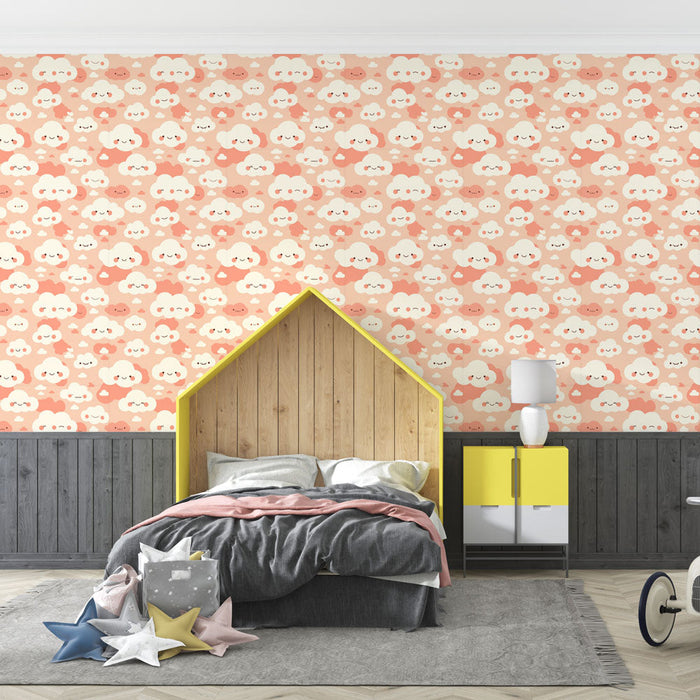 Papel pintado nubes lindas | Un encantador patrón de nubes sonrientes en tonos suaves