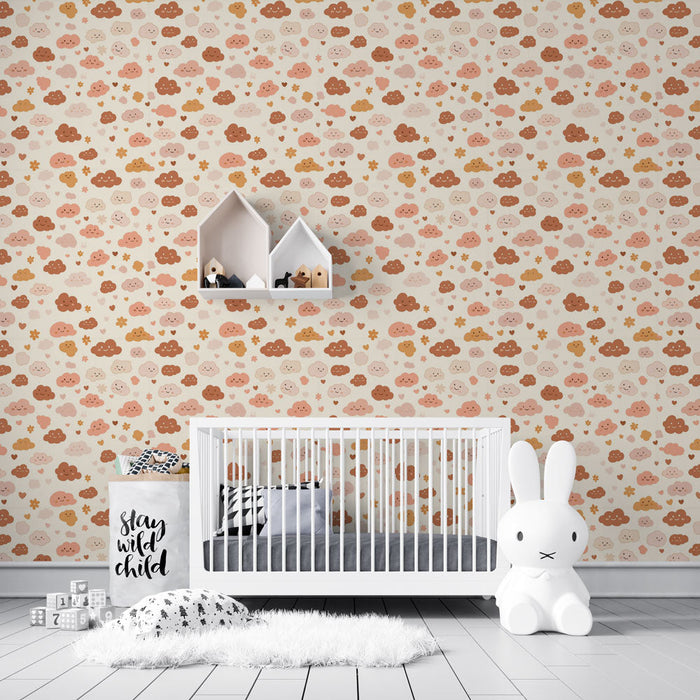 Fototapet søde skyer | Et legende mønster af smilende skyer og farverige blomster på en lys baggrund