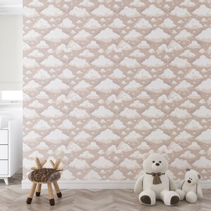 Carta da parati nuvole | Motivo di nuvole morbide e stellate su sfondo beige