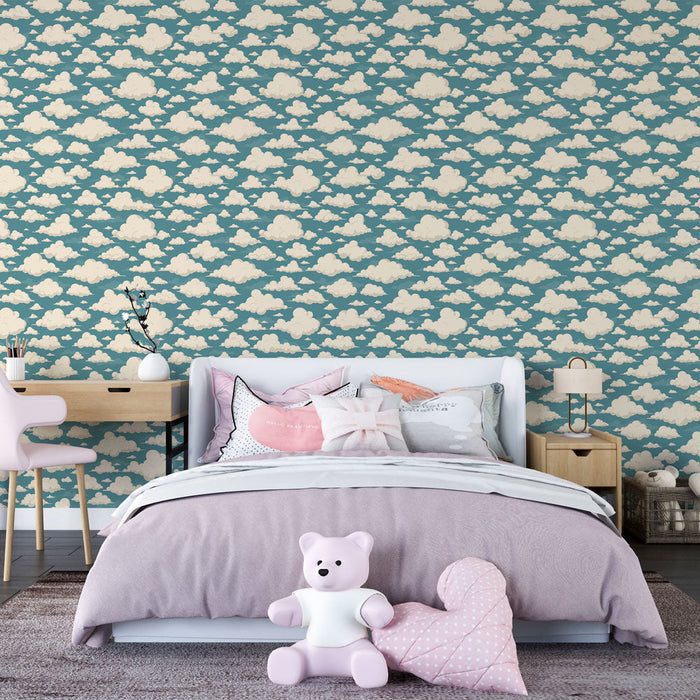 Ταπετσαρία με σύννεφα | Απαλό μοτίβο σύννεφων σε μπλε-πράσινο φόντο