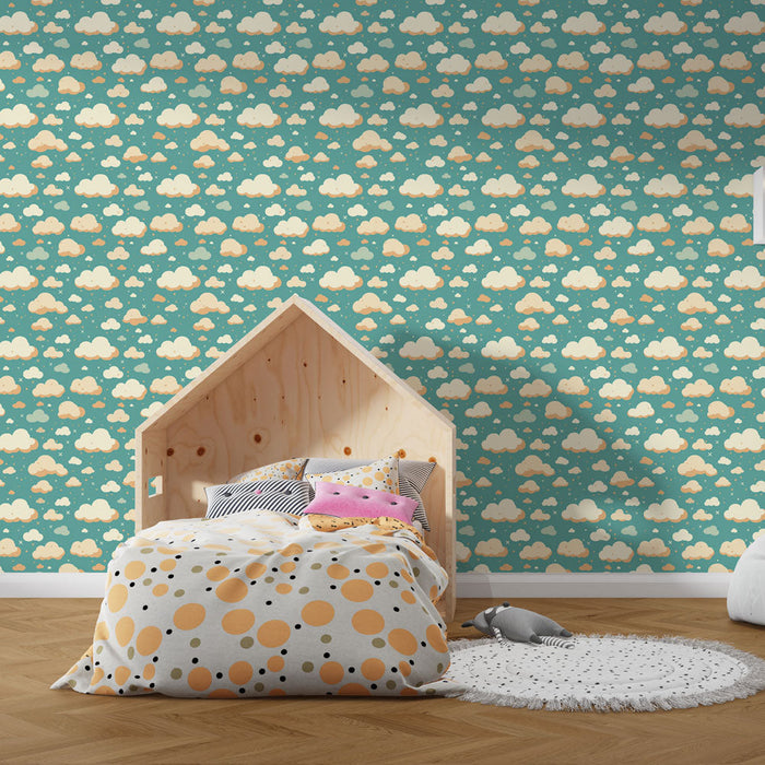 Ταπετσαρία τοιχωμάτων σύννεφα | Μοτίβο σύννεφων σε τυρκουάζ φόντο