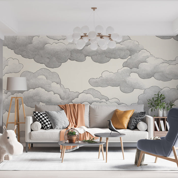 Mural Wallpaper clouds | Õrn must-valge mustriga