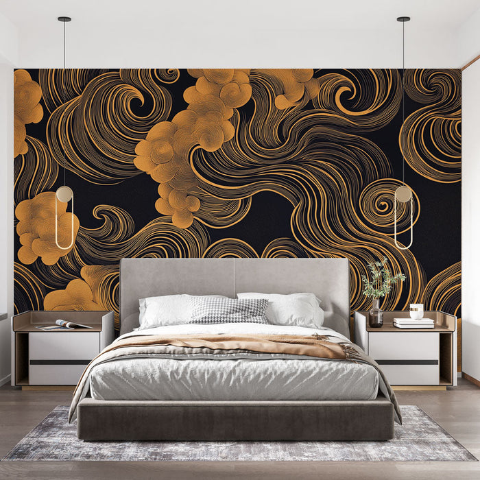 Carta da parati nuvole | Elegante motivo di nuvole dorate su sfondo nero