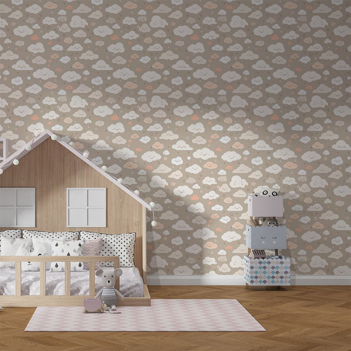 Tapeta mraky | Veselý vzor roztomilých mraků na béžovém pozadí