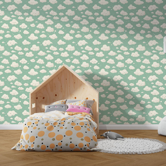 Carta da parati nuvole | Sorridenti motivi a nuvola su sfondo verde