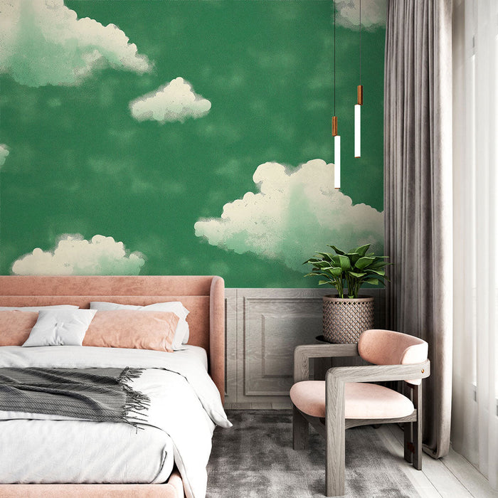 Papel pintado clouds | Fluffy clouds on a green background