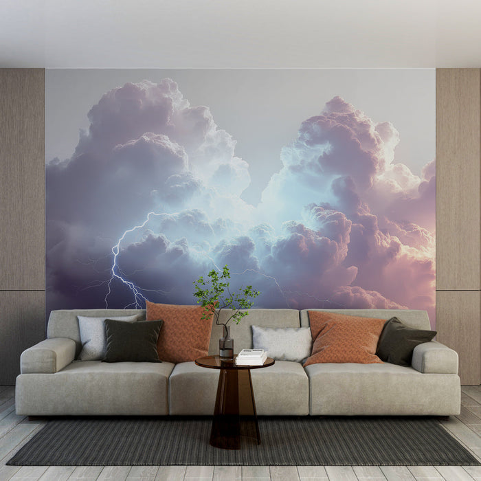 Tapeta burzowe chmury | Jasne błyskawice i pastelowe chmury