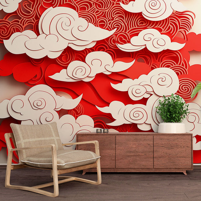 Mural Wallpaper stylized clouds | Red and white cloud pattern in cut paper
