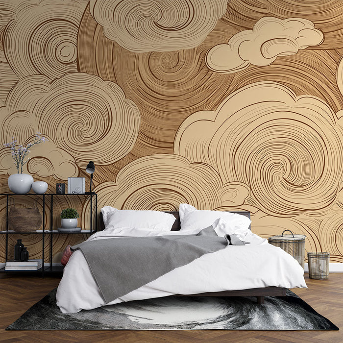 Carta da parati nuvole stilizzate | Motivo vorticoso e morbido in tonalità beige