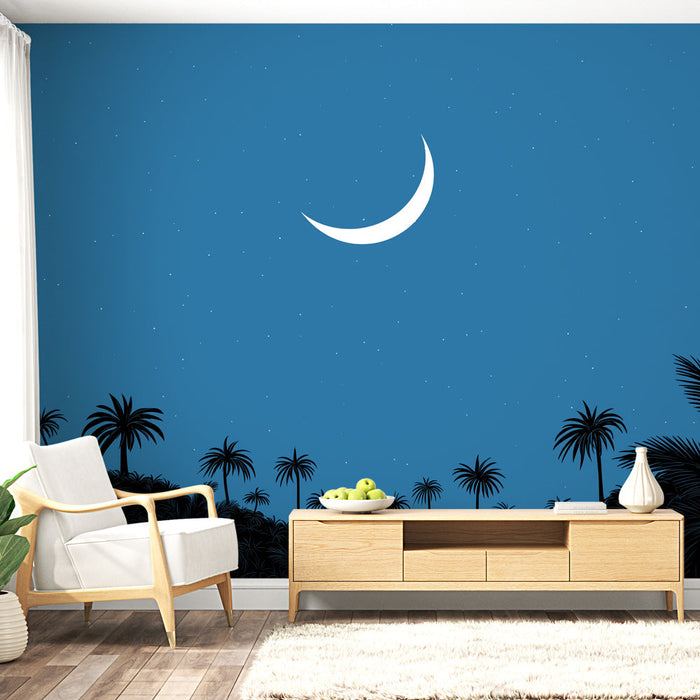Tapeta nocní obloha | Modrá obloha s palmami a rostoucím měsícem