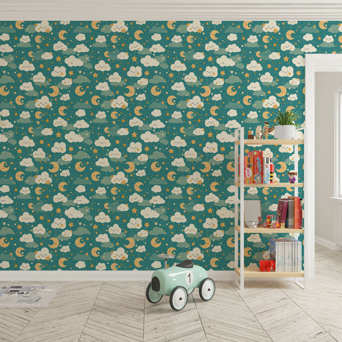 Fototapet stjerneklar nat | Sødt mønster af skyer, måner og stjerner på en teal baggrund