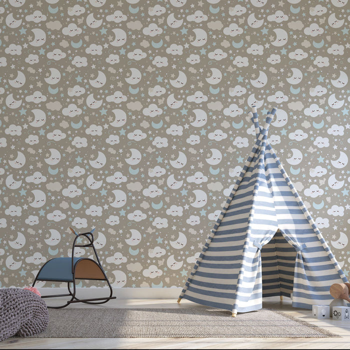 Tapet mural noaptea stelelor | Modele de luni, nori și stele în nuanțe blânde