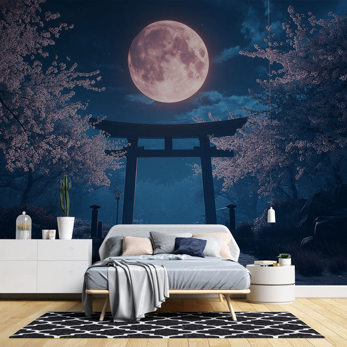 Zidna tapeta zvjezdana noć | Krajolik trešnjinog cvijeta pod punim mjesecom