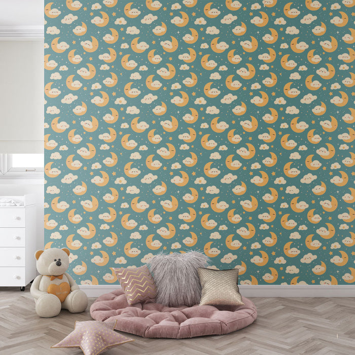 Tapete nuit étoilée | Ein zartes Muster aus Monden, Wolken und Sternen für eine sanfte Atmosphäre