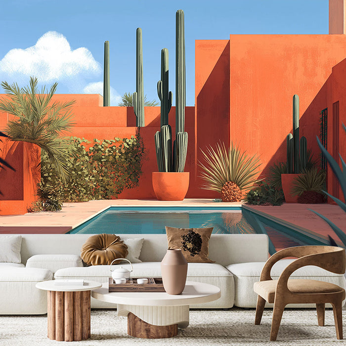 Mural Wallpaper oasis | Landscape of a Mediterranean courtyard with ochre walls and majestic cacti