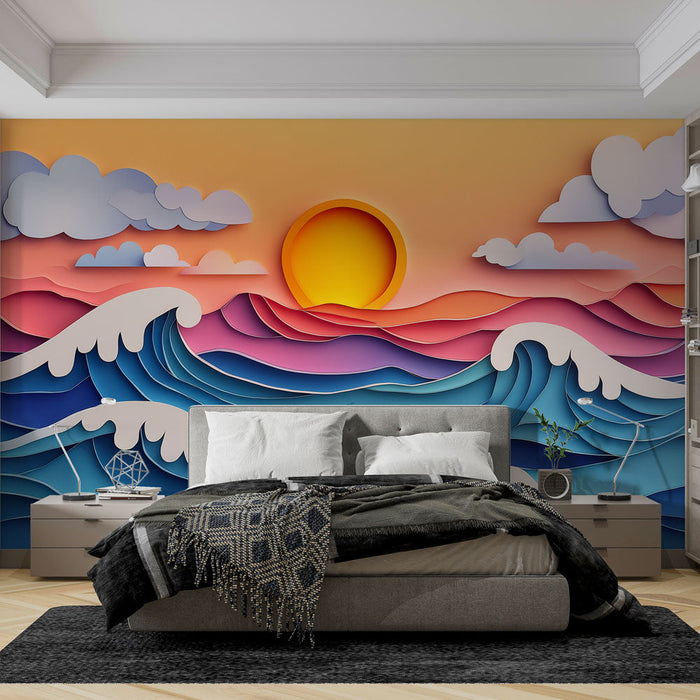 Mural Wallpaper fargerik hav | Stiliserte bølger og solnedgang i papirkutt