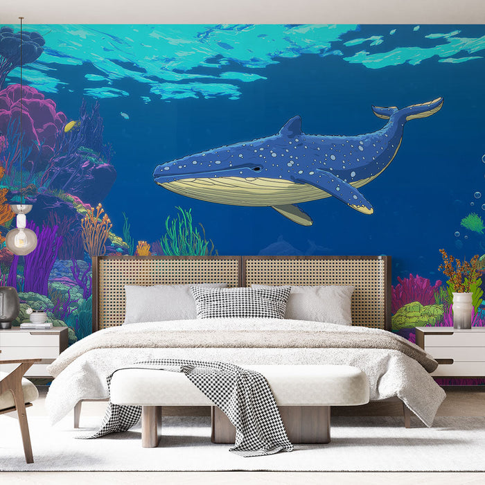 Foto Behang oceaan | Kleurrijke illustratie van een walvis die zwemt in een levendig koraalrif