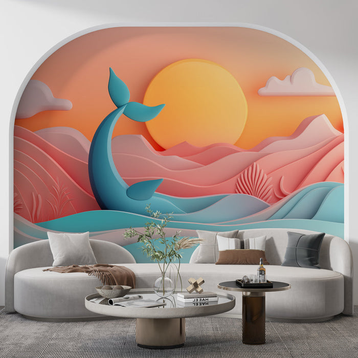 Papel de parede oceano | Ilustração em relevo de uma baleia sob um pôr do sol