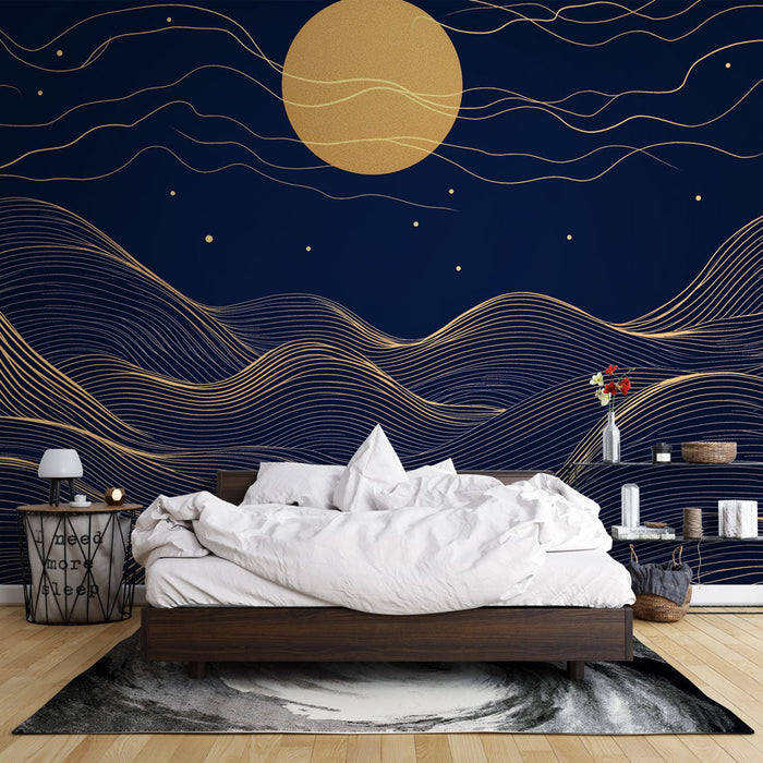 Tapetti ocean | Kultaiset aallot keskiyön sinisellä taustalla