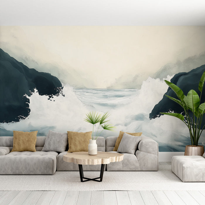 Тапет океан | Вълни между скалите в мека палитра