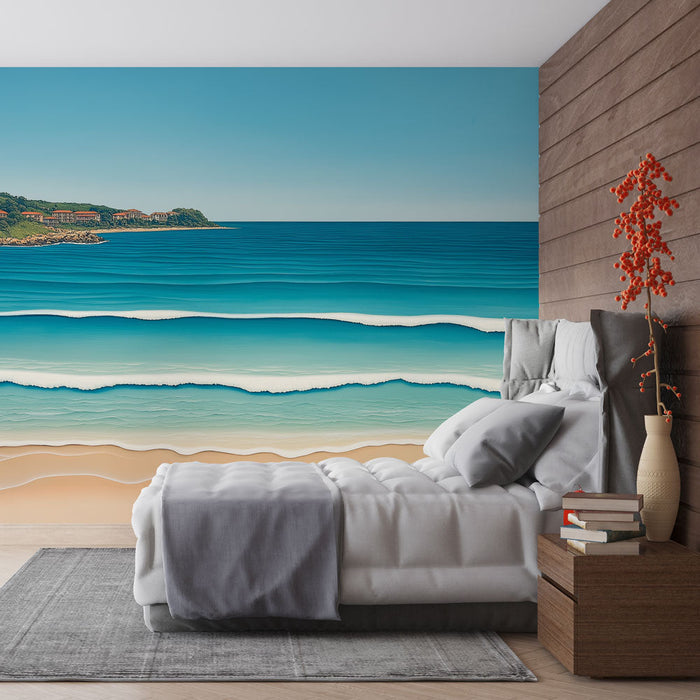 Tapetti meri | Tyylitellyt aallot sinisen sävyissä ja pehmeä ranta