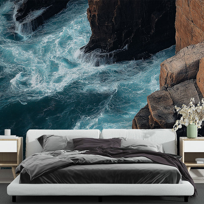Foto Behang oceaan | Woeste golven tegen rotsachtige kliffen
