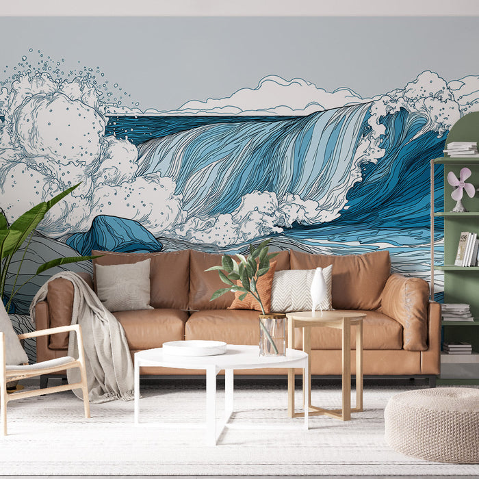 Mural Wallpaper oceanic | Impressive wave with stylized rocks