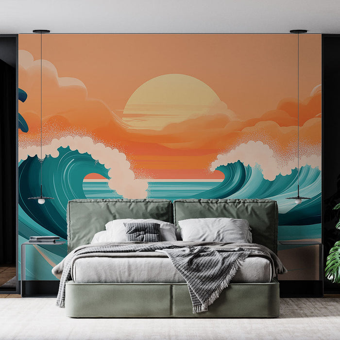 Muralna tapeta Oceanic | Stilizirani valovi in tropski sončni zahod