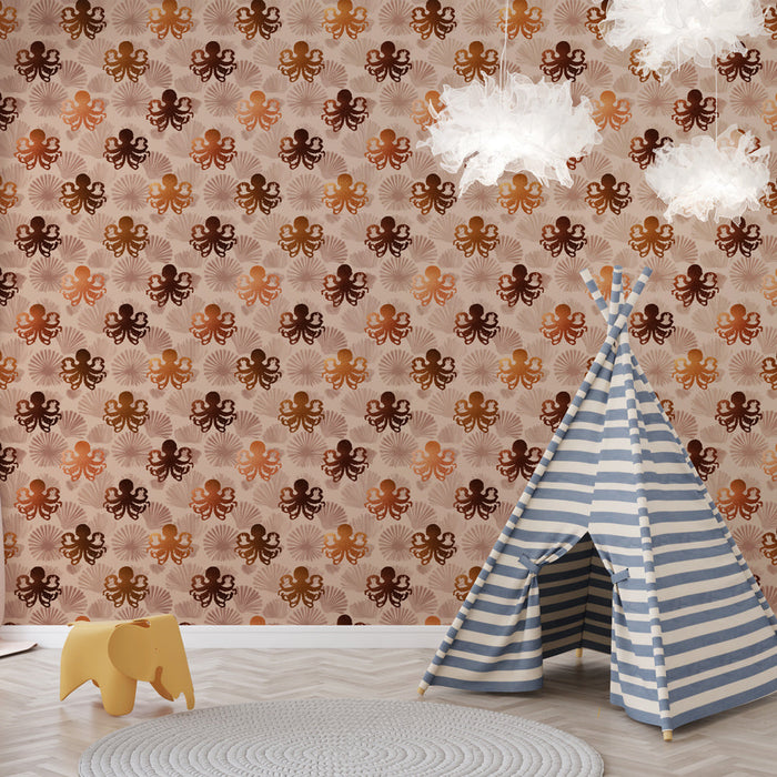 Mural Wallpaper octopuses | Playful motif of octopuses and seashells in warm shades